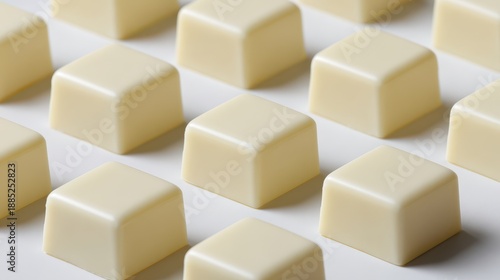 Macro shot of creamy white chocolate cubes with smooth surfaces