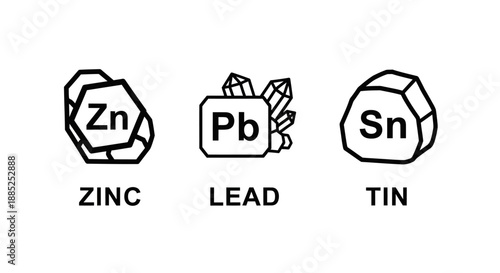 Vector icons of zinc, lead, and tin elements, chemical symbols and mineral shapes, for science or education isolated on White Background