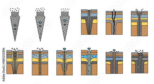 vector geological cross-section diagrams, stratigraphy illustrations, earth layers infographics, for geology presentation, education or science website isolated on White Background