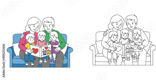 Happy family sitting on sofa reading book together, vector illustration with color and black and white outline version for coloring book page