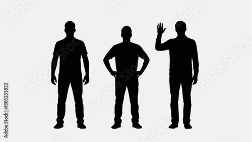 Three Male Silhouettes Standing Against White Background.
