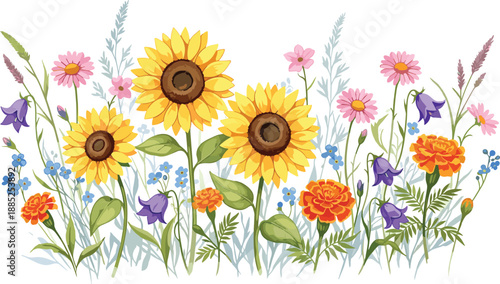 Wildflower meadow illustration with sunflowers daisies marigold and bellflowers colorful botanical floral composition isolated on white background
