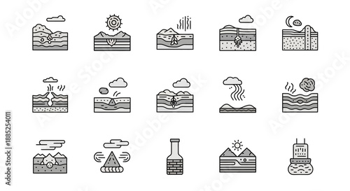 Set of 16 volcano and landscape icons vector