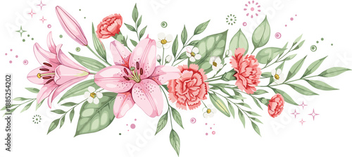 Pink lily floral arrangement decorative bouquet flat vector illustration elegant flower composition botanical design isolated white background