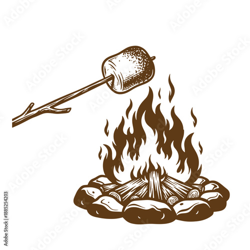 Drawing Vintage grunge  texture A toasted marshmallow on a stick over a campfire with flames burning wood logs and rocks around it