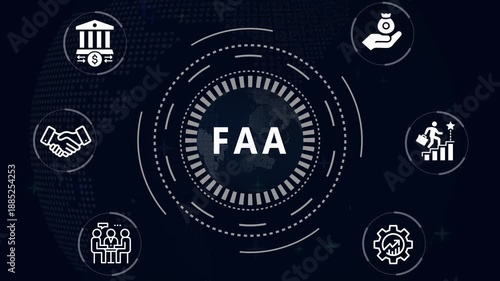 Financial and Business  FAA cronym in center of hexagonal diagram with business icons and  Accents finance technology world map ON BACKGROUND...