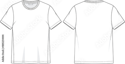 Crew neck t shirt technical fashion flat sketch front back view CAD drawing flat vector illustration apparel design