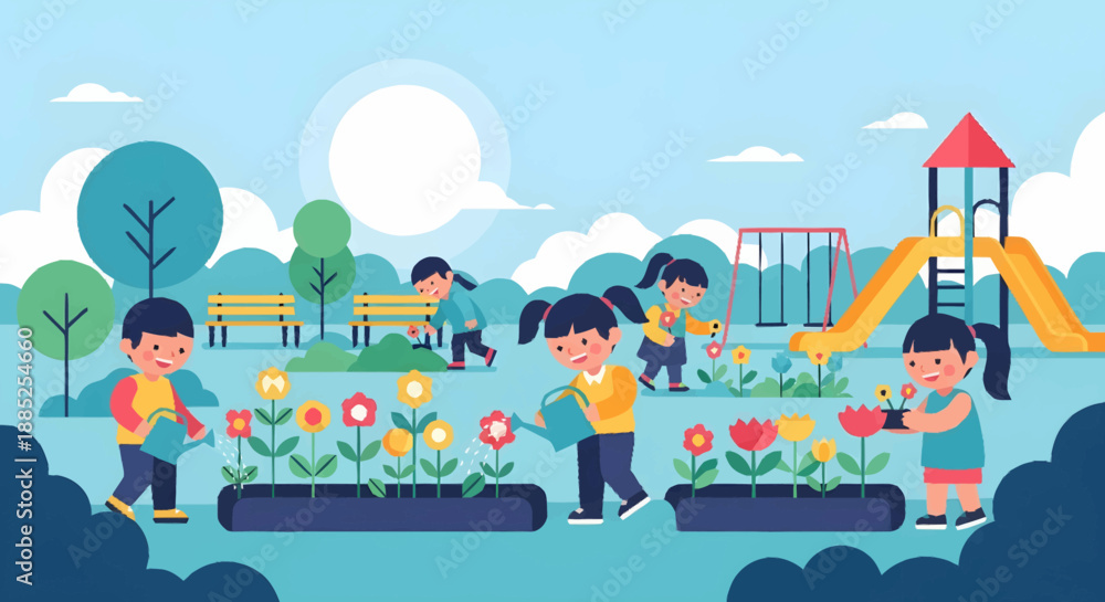Naklejka premium Children happily gardening and playing in a vibrant park on a sunny day
