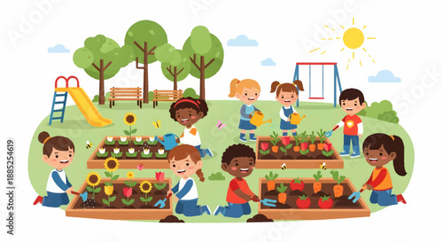 Children happily gardening together in a bright and cheerful park setting