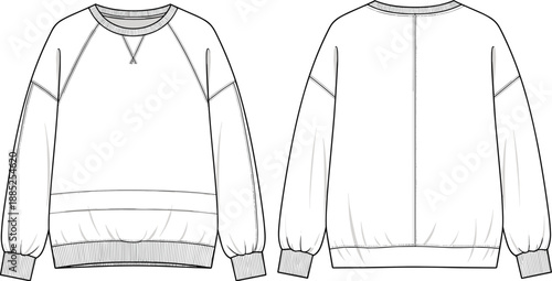 Crewneck sweatshirt technical fashion flat sketch front back view CAD drawing flat vector illustration apparel design