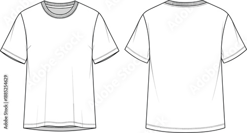 Mens t shirt front back technical cad drawing flat vector illustration apparel design template clothing mockup fashion garment short sleeve outline