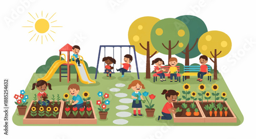 Children playing and gardening in a vibrant and cheerful park setting