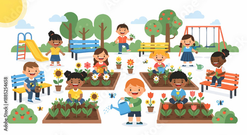 Children happily gardening and playing together in a vibrant park setting
