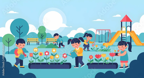 Children happily gardening and playing in a vibrant park on a sunny day