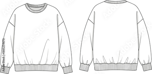 Mens sweatshirt front back technical cad drawing flat vector illustration apparel design template clothing mockup fashion garment long sleeve outline