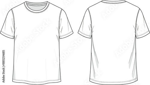 Mens t shirt front back technical cad drawing flat vector illustration apparel design template clothing mockup fashion garment outline