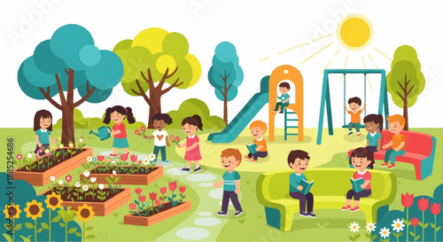 Children enjoying a sunny day at the park with flowers and playground