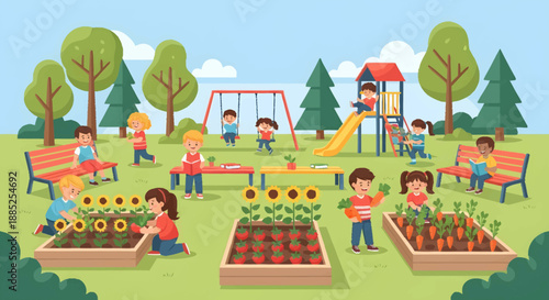 Children enjoying a sunny day at the playground and garden