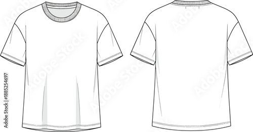 Mens t shirt front back technical cad drawing flat vector illustration apparel design template clothing mockup fashion garment outline
