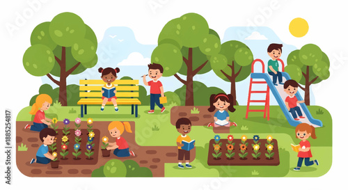 Children playing and gardening in a vibrant sunny park environment