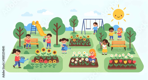 Children playing and gardening in a vibrant sunny park scene
