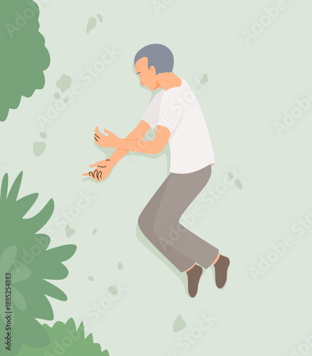 A flat vector illustration of an elderly person fainting and lying on the ground.