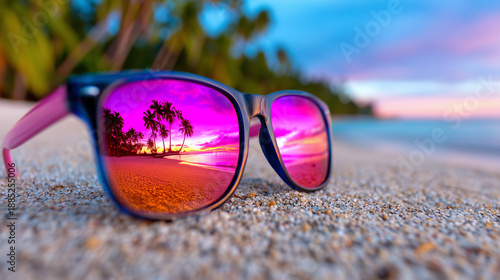 Wallpaper Mural Sunglasses Resting on Pristine Beach Sand Reflecting Palm Trees and Pink Sunrise Sky

 Torontodigital.ca