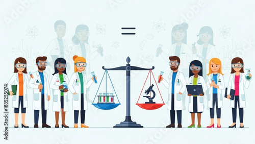 Diverse scientists balancing books and bitcoin on scales symbolizing knowledge versus cryptocurrency