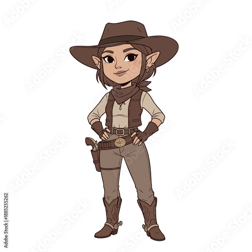Cute Elf Cowgirl Illustration with Western Outfit and Holstered Gun