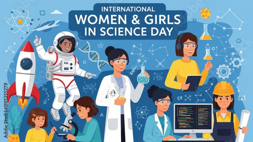 International women and girls in science day illustration with diverse professionals and students