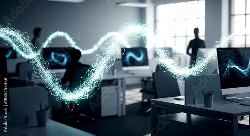 Modern Office with Abstract Data Stream and Silhouetted Figures