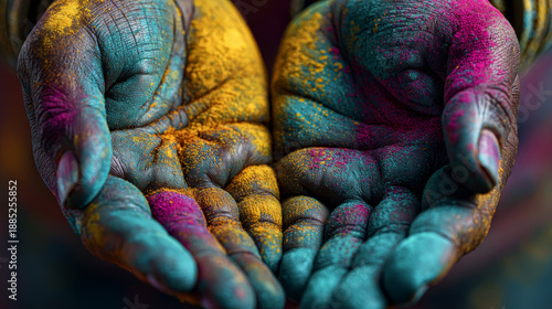 A hand holding a hand full of colorful powder. The hand is holding the powder in a way that it looks like it is being held in a bowl. Holi festival in India, World Art Day.