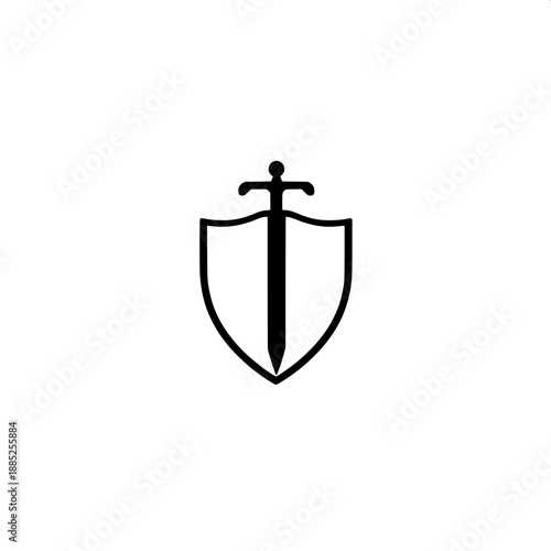 Minimal sword and shield icon featuring a black flat silhouette of a sword and shield overlapping, centered perfectly in the frame, with a modern logo design aesthetic, set against a clean and crisp w