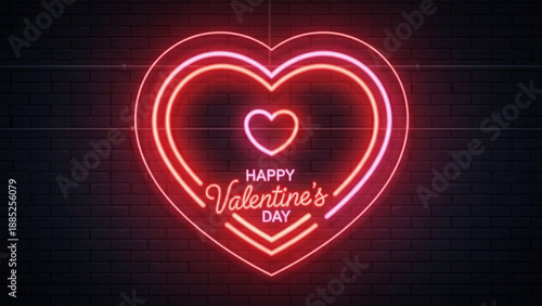 Valentine's day neon heart sign on dark background with brick wall happy valentine's day text