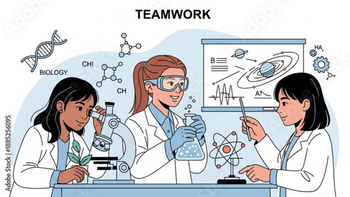 Three female scientists in lab coats conducting experiments with microscopes and test tubes in a laboratory setting with a whiteboard
