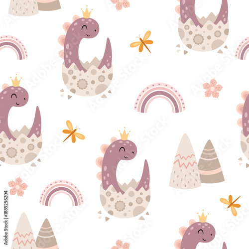 Cute dinosaur seamless pattern for girly print. Cartoon dino girl background, Prehistoric animal, Jurassic character illustration, Kids vector background.
