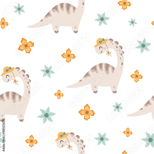 Summer seamless pattern with coquette dinosaur and flowers. Cute dino girl background, Jurassic animal repeat paper, Kids vector illustration.