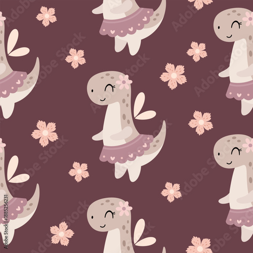 Cartoon dinosaur girl seamless repeat pattern. Cute dino fairy and flowers, Prehistoric animal background, Jurassic character vector illustration.