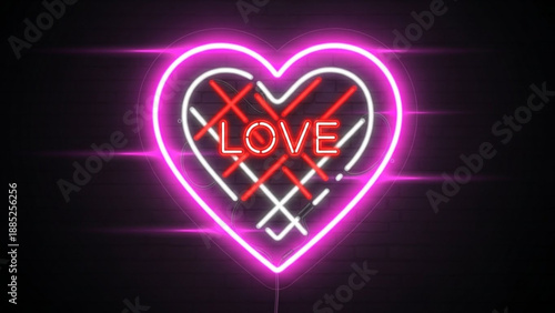 Neon heart sign with crossed out love concept on dark background symbolizing rejected or forbidden love