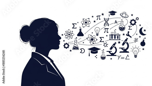 Woman in business attire with a thought bubble full of science education and innovation icons