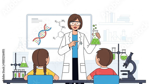 Female teacher explaining science to students in a laboratory setting with dna diagram