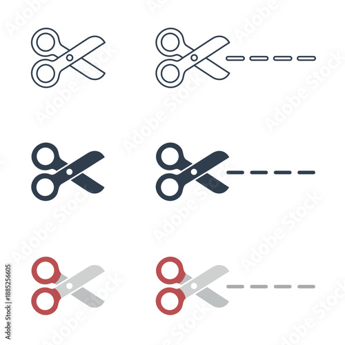 Set of scissors with cut lines, Sewing, tailor and cutoff symbol