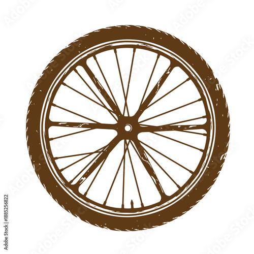 Drawing Vintage grunge  texture brown bicycle wheel with spokes and tire on white background