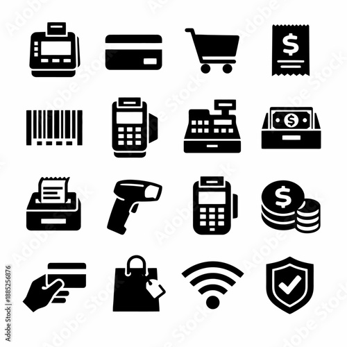 Retail shopping icons: cash register, credit card, barcode, shopping cart, wifi, cash