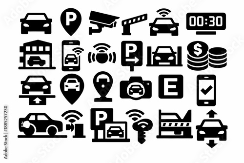 Parking and transportation icons: cars, technology, payment, security, access