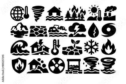 Collection of climate and natural disaster icons: tornado, fire, flood, earthquake, storm, and more