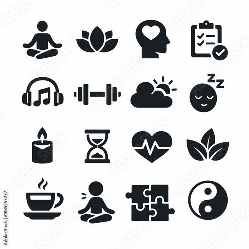 Wellness icons: meditation, music, fitness, relaxation, and balance symbols collection