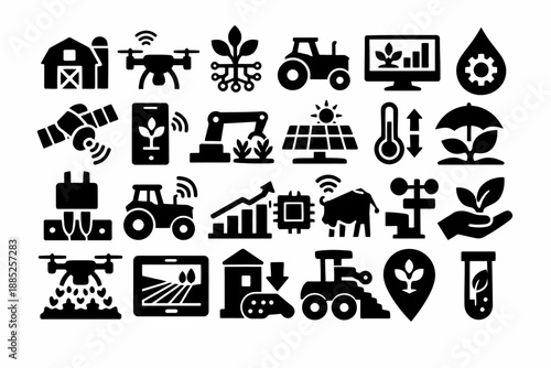 Agriculture technology icons: drones, robots, satellites, ai, sustainability