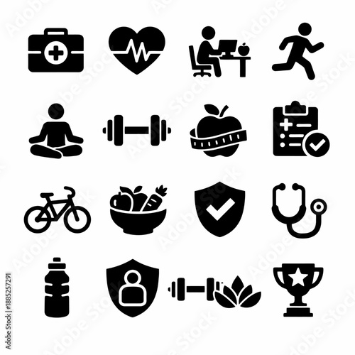 Health and fitness icons set: wellness, exercise, nutrition, and medical symbols
