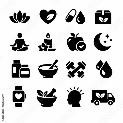 Wellness and health icons: yoga, nutrition, fitness, and holistic medicine symbols